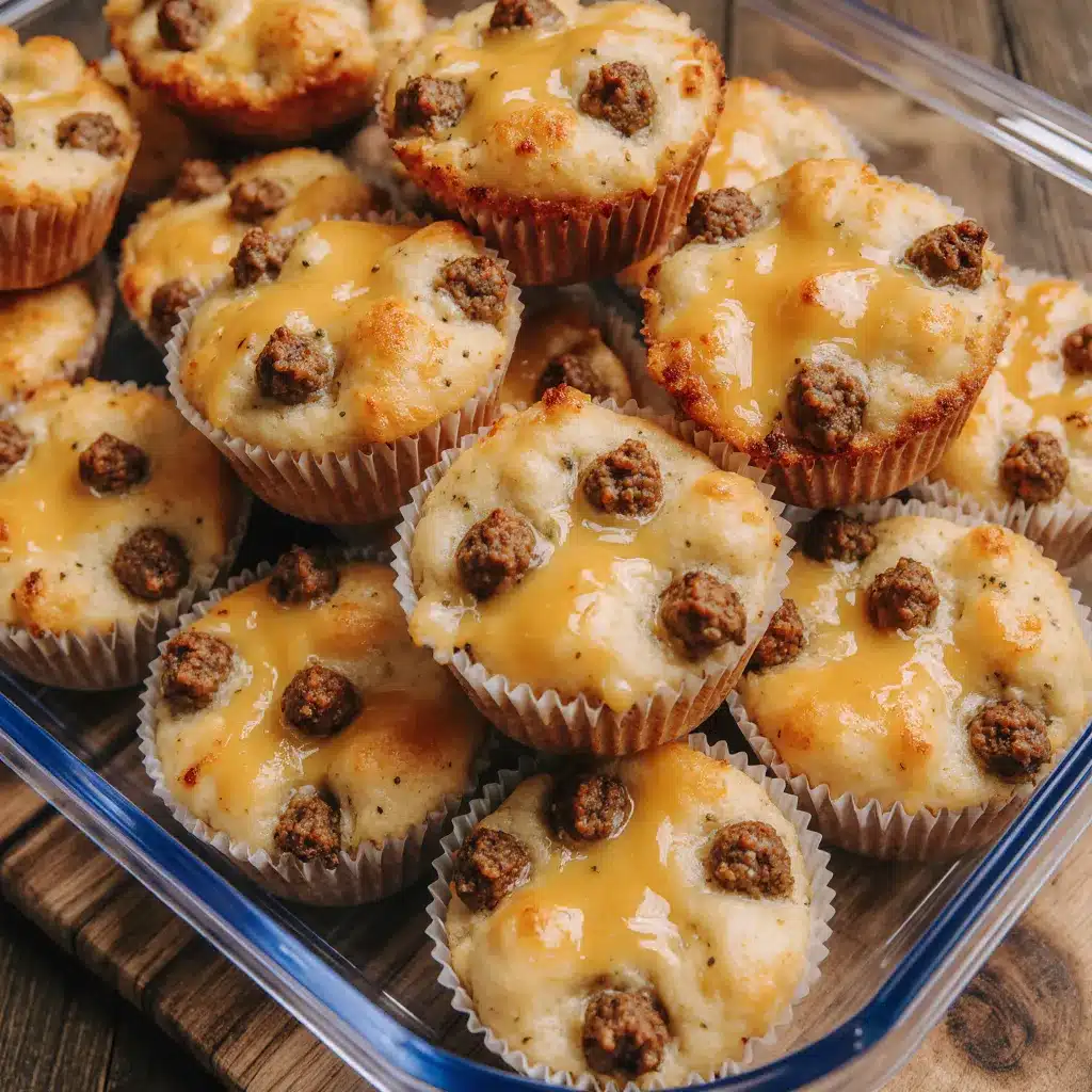 A close-up of the crispy, golden-brown melted cheese tops of the sausage pancake muffins.