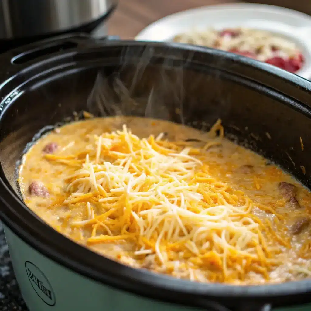 Melted cheese topping cowboy casserole in a slow cooker