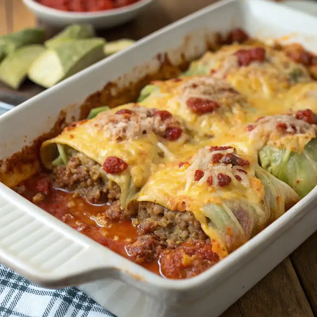Cheesy unstuffed cabbage casserole with melted cheddar topping.