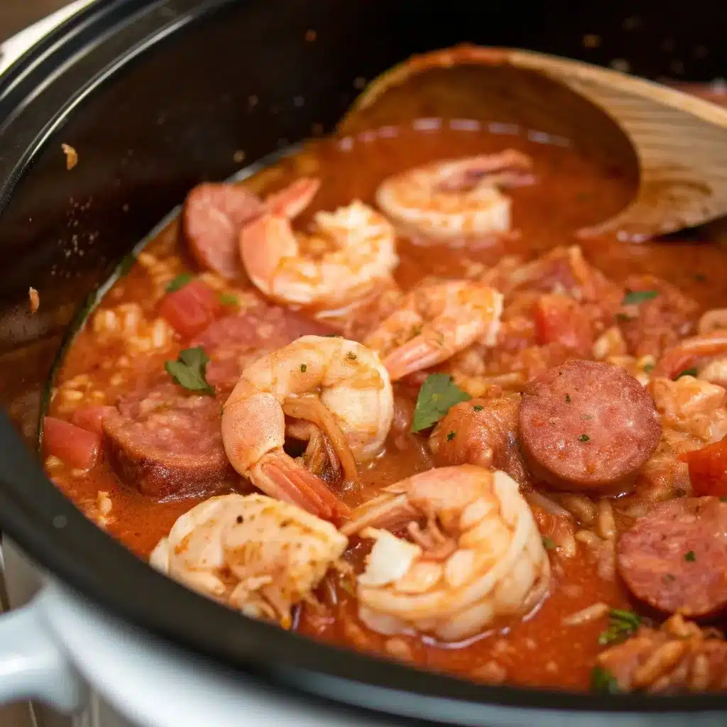 Shrimp added to slow cooker jambalaya with chicken and sausage