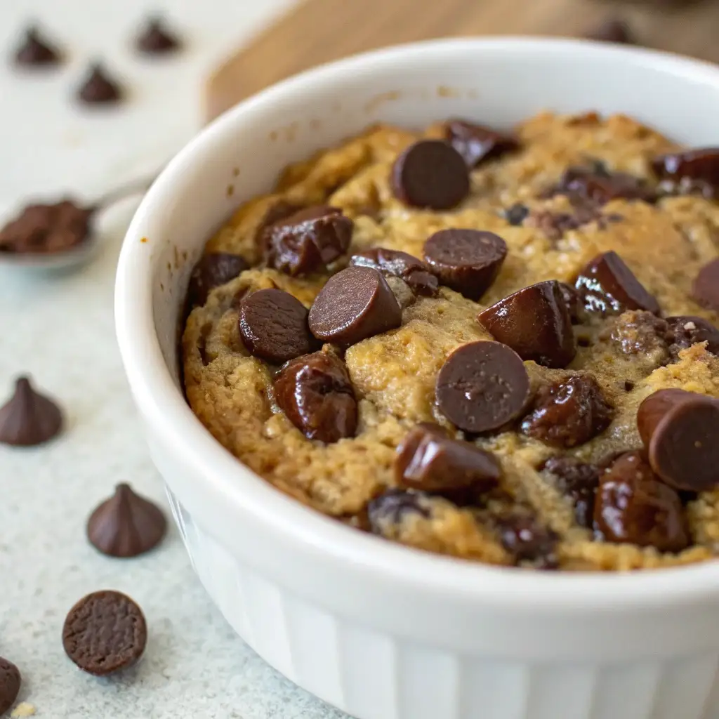 Chocolate chip cookie baked oats with melted chocolate chips on top.