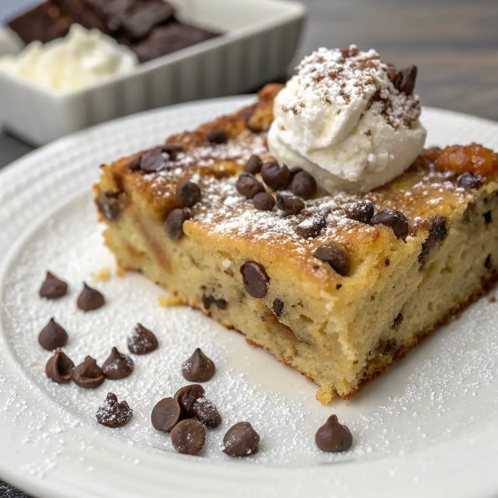 A slice of chocolate chip protein french toast casserole.