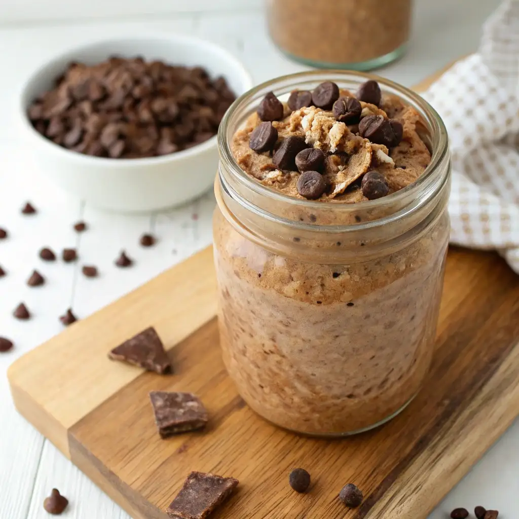 A jar of chocolate gingerbread overnight oats topped with cacao nibs.