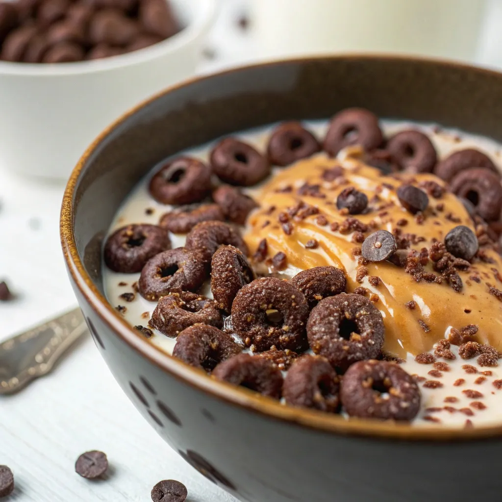 A bowl of chocolate protein cereal topped with peanut butter drizzle and cacao nibs.