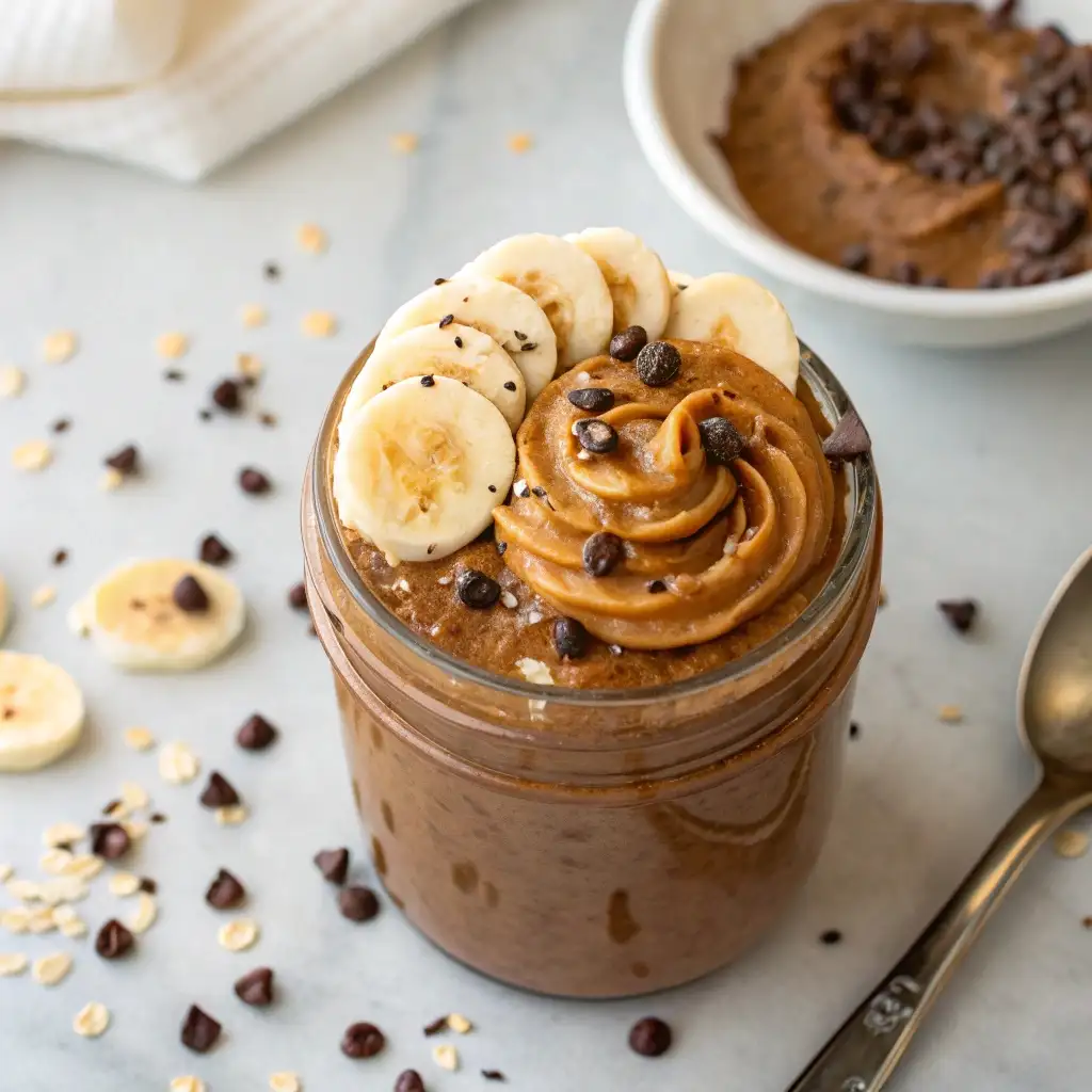 A jar of chocolate peanut butter high protein overnight oats, topped with banana slices, peanut butter, and chocolate chips.