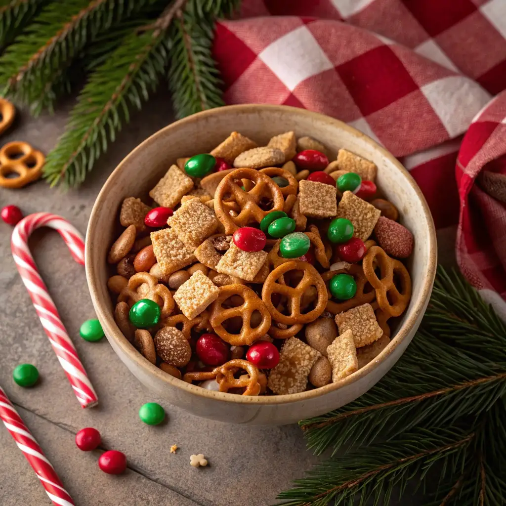 Bowl of Christmas Chex mix with cereal, pretzels and red and green M&Ms on a holiday table