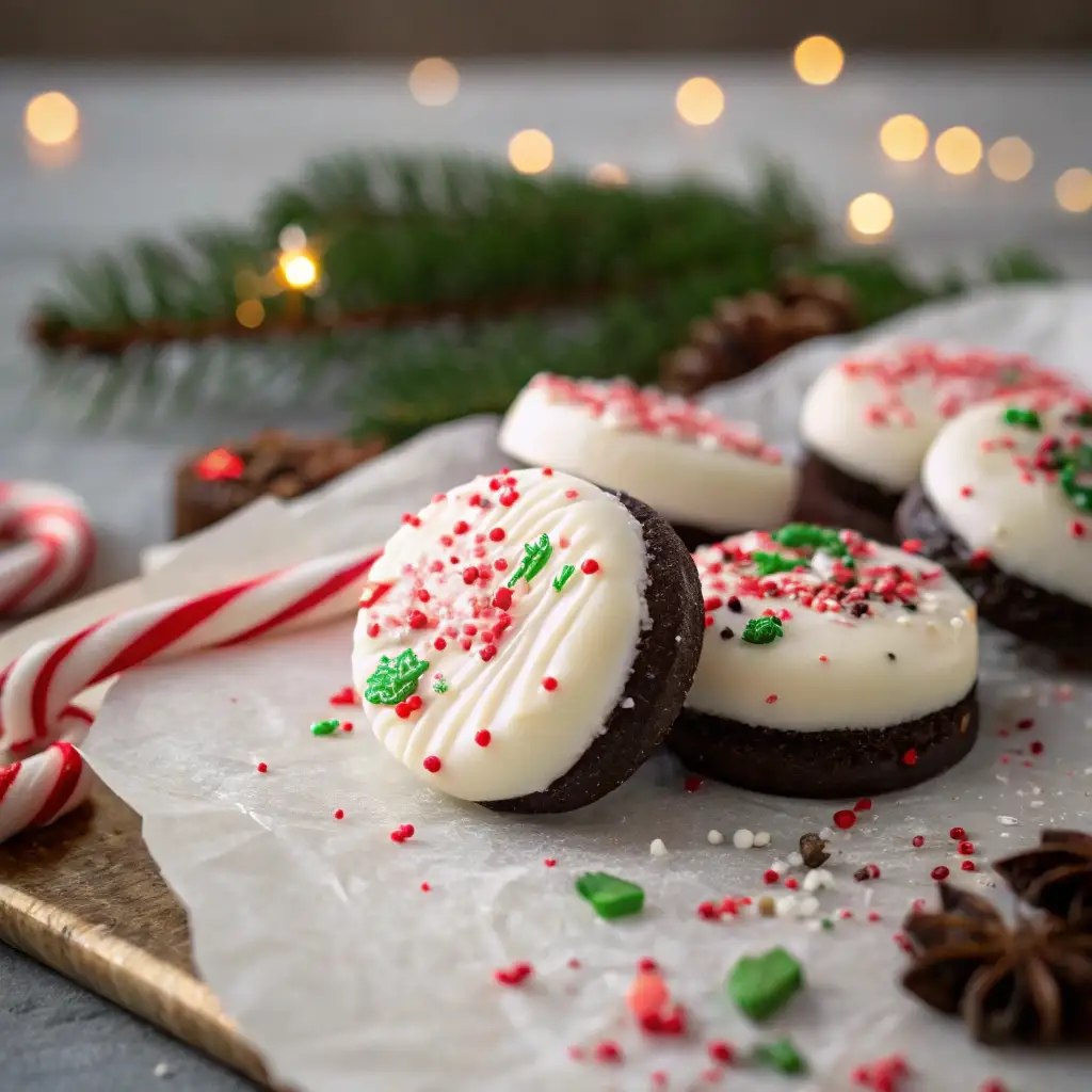 Chocolate-dipped Oreos decorated with crushed candy canes and festive sprinkles