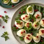 A top-down platter of the best Christmas deviled eggs, garnished with parsley and pomegranate seeds to look like holly.