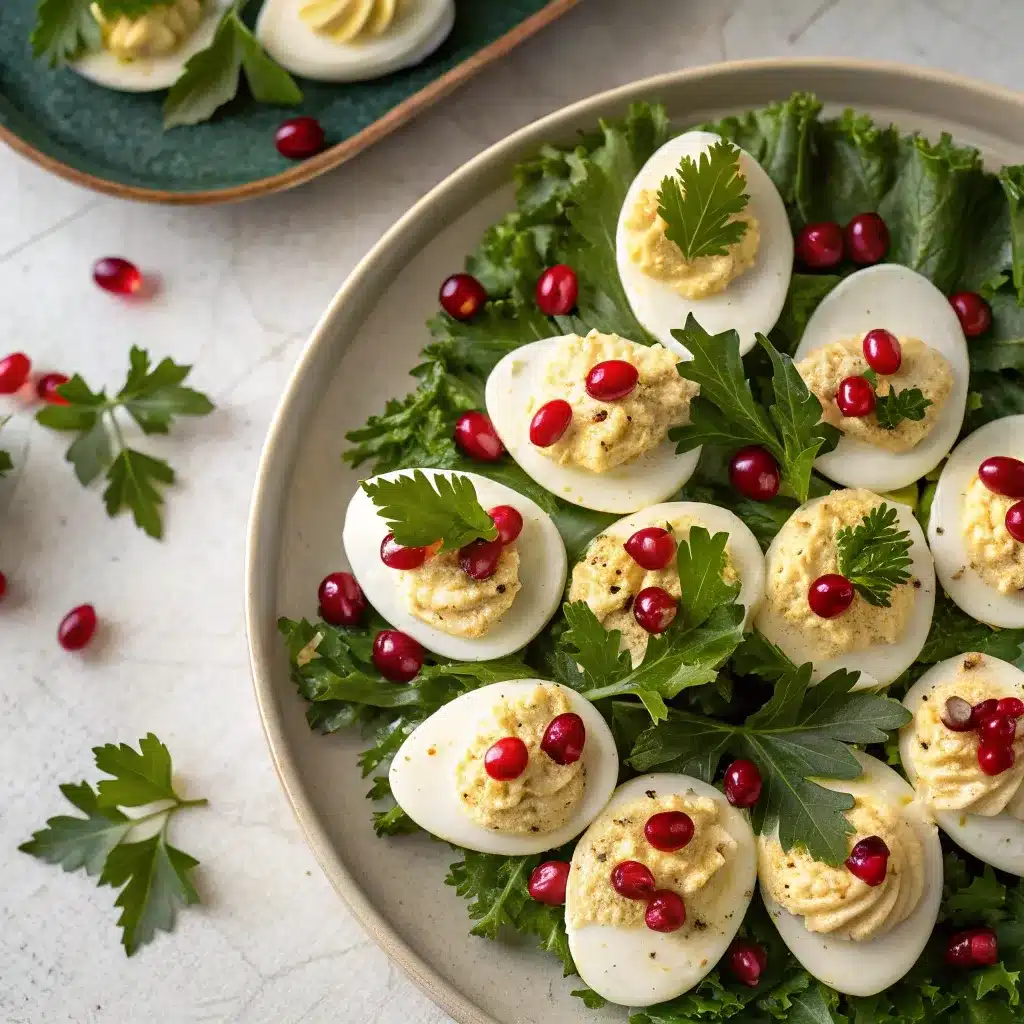 A top-down platter of the best Christmas deviled eggs, garnished with parsley and pomegranate seeds to look like holly.