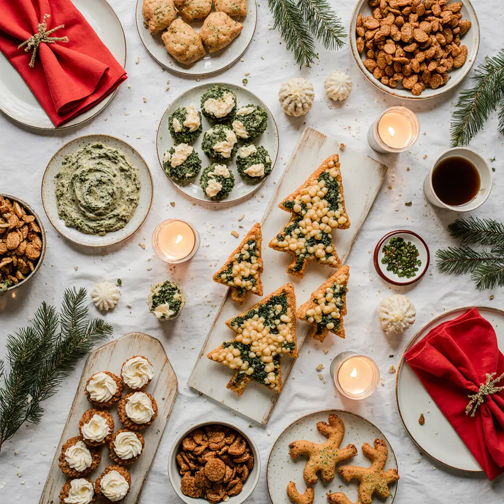 Overhead view of a Christmas finger food buffet table with savory bites, sweet treats and snack bowls