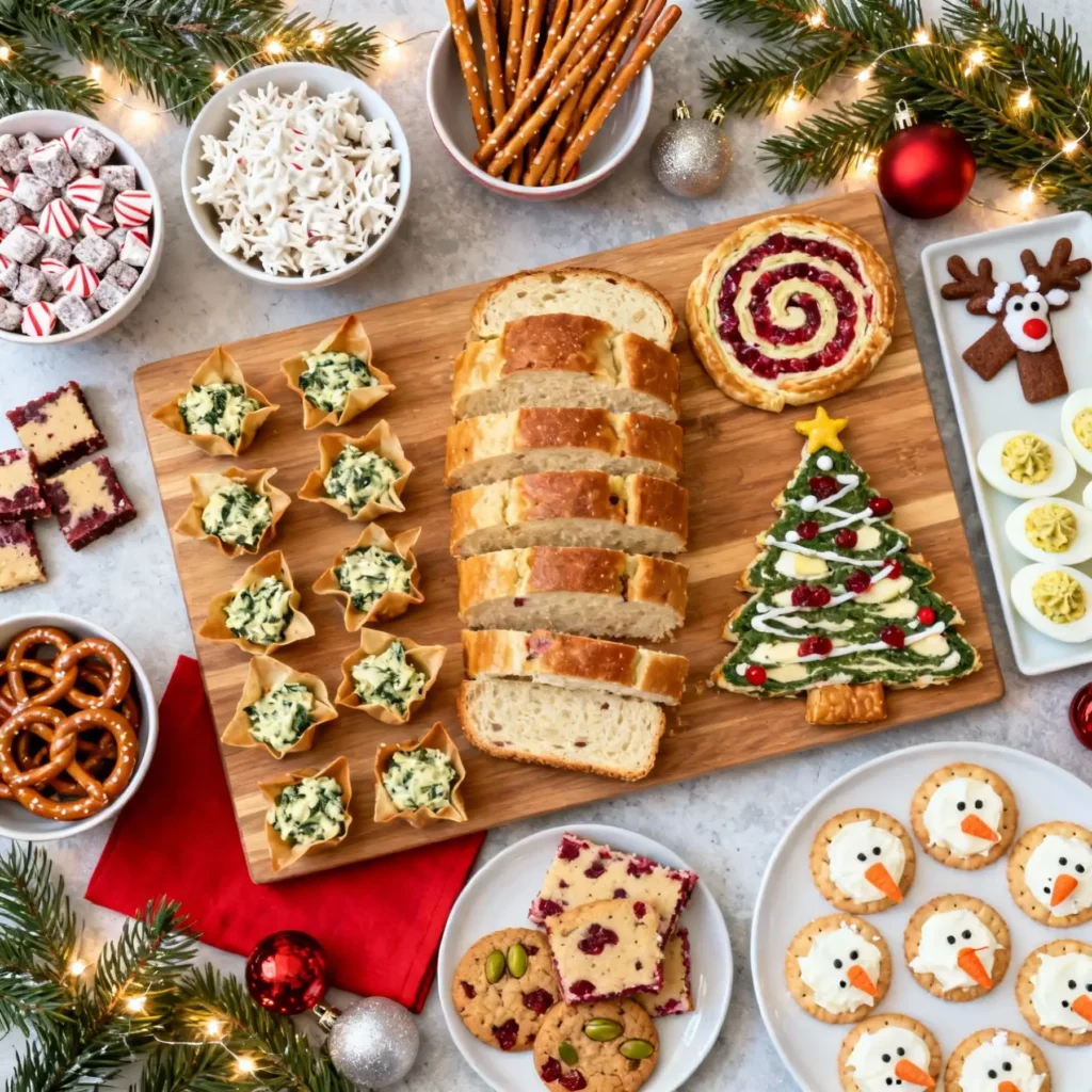 Overhead view of a Christmas finger foods platter with spinach artichoke wonton cups, tree-shaped bread, deviled eggs, snack mix and sweet treats