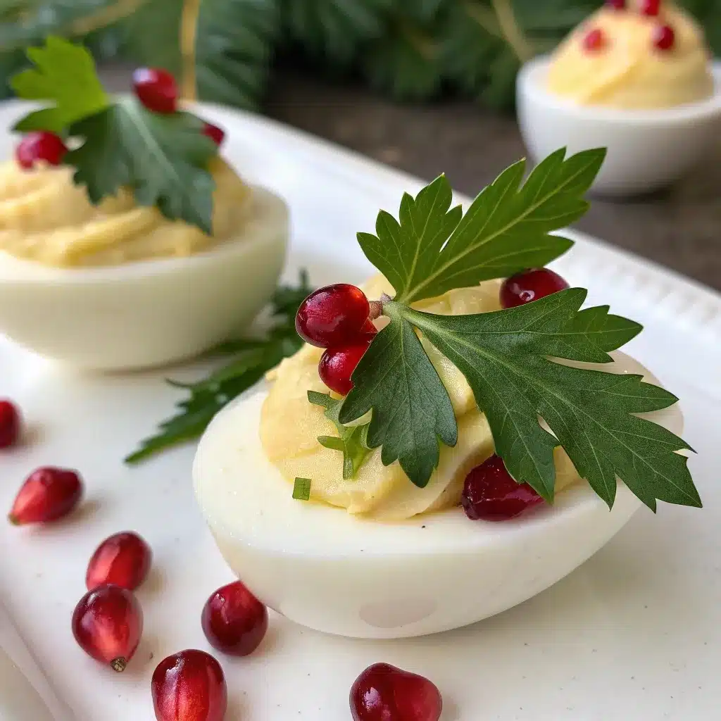 A macro shot of a festive deviled egg garnished with a parsley leaf and pomegranate seeds to look like Christmas holly.