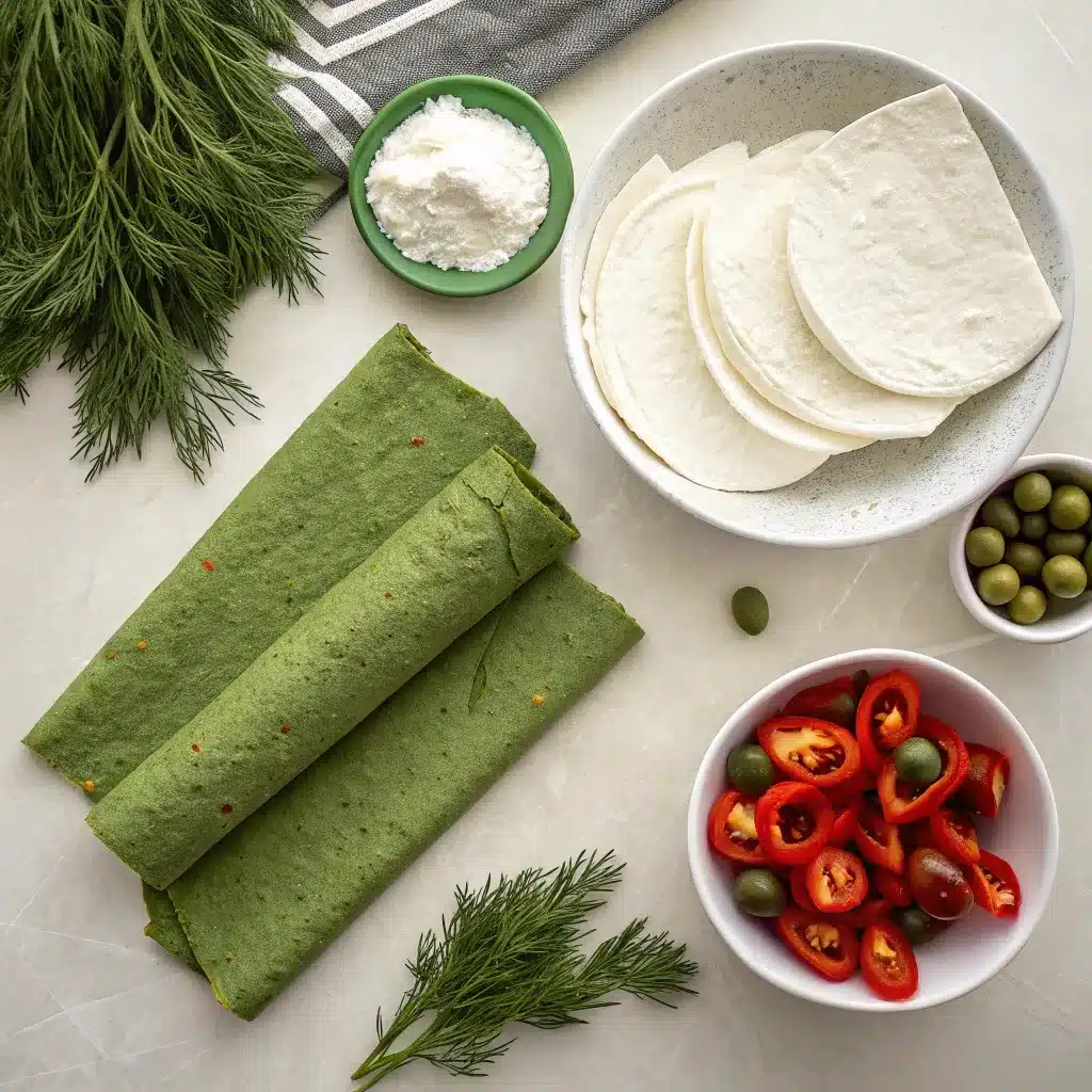 A flat lay of ingredients for christmas pinwheels with cream cheese: tortillas, cream cheese, olives, red peppers, and dill.