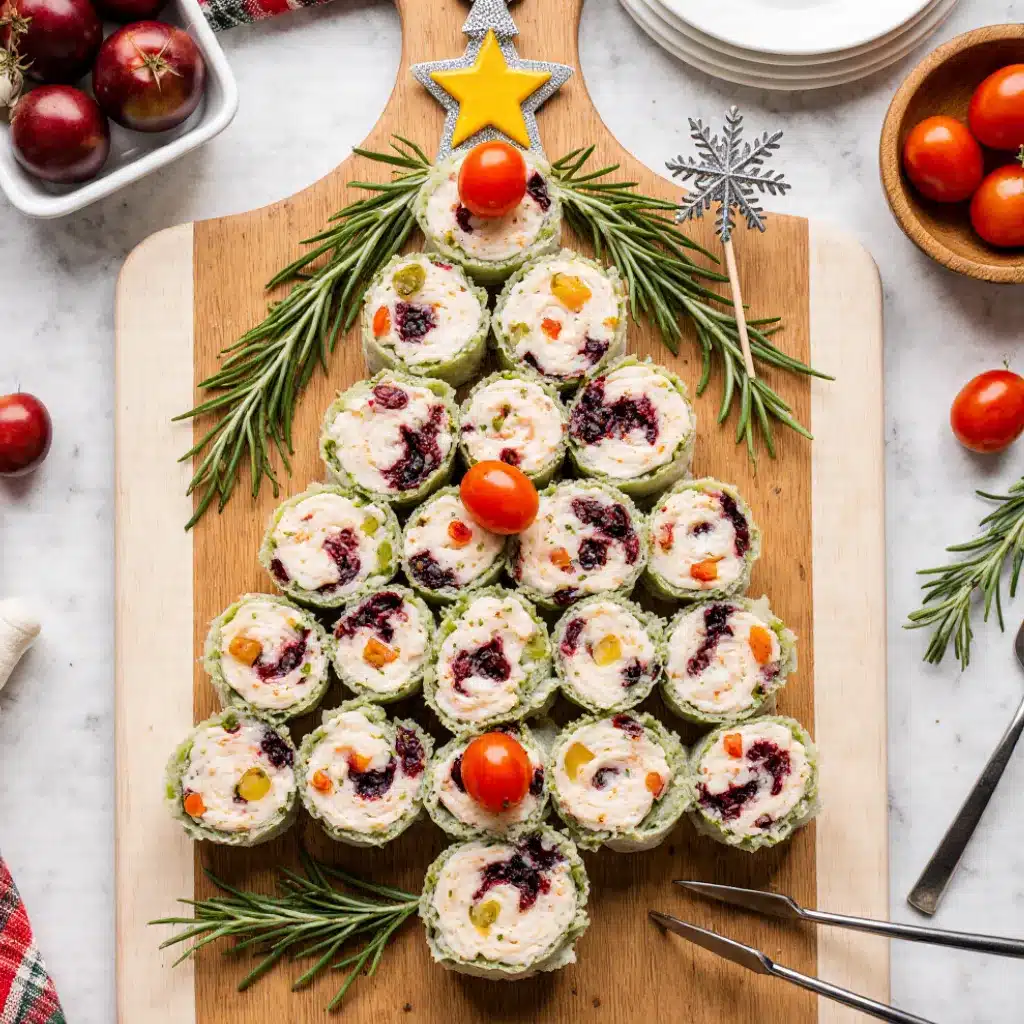 A top-down shot of a Christmas tree pinwheel appetizer on a platter, garnished with fresh rosemary and cherry tomatoes.