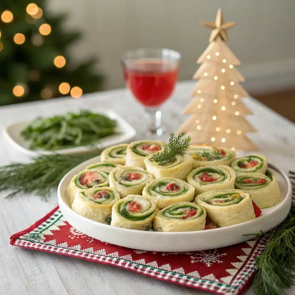 A 45-degree angle shot of the final Christmas tree pinwheel appetizer platter, ready for a holiday party.