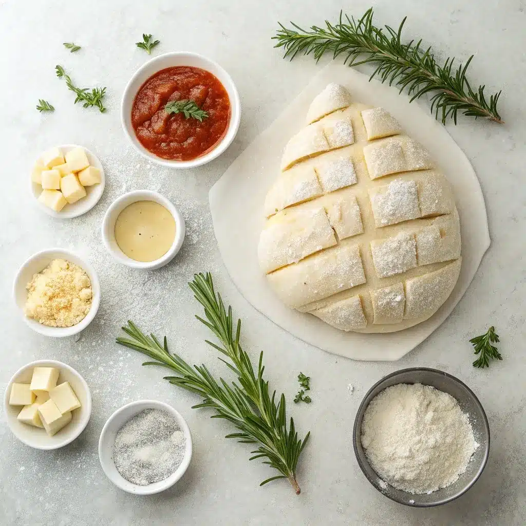 Overhead flat-lay of pizza dough, mozzarella sticks, herbs, butter, Parmesan, egg, and marinara for Christmas Tree Pull Apart Bread.