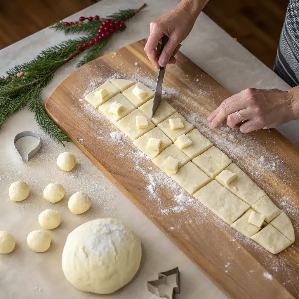 Hands wrapping pizza dough squares around mozzarella chunks to form dough balls for Christmas Tree Pull Apart Bread.