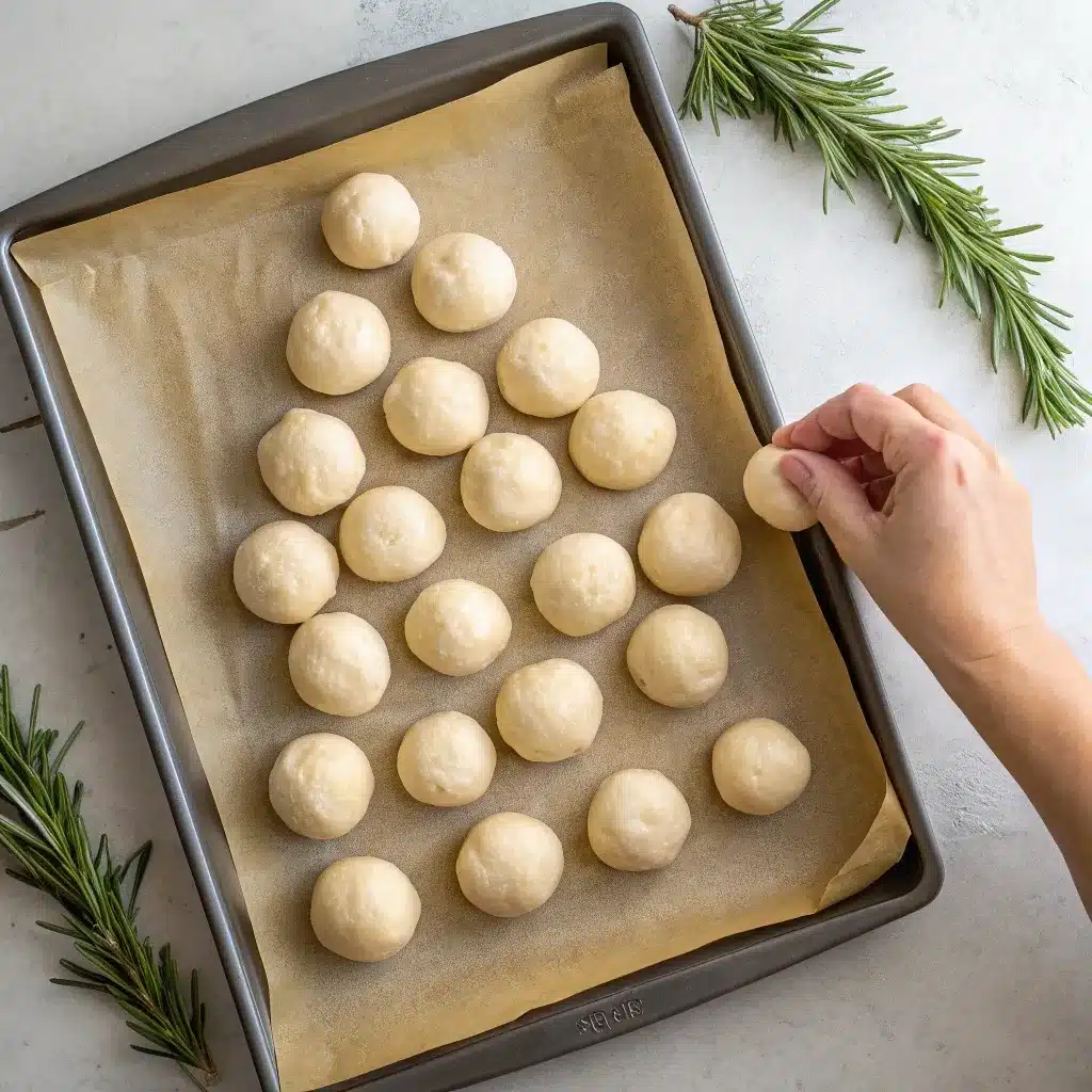Dough balls arranged in a tight Christmas tree shape on a parchment-lined baking sheet.