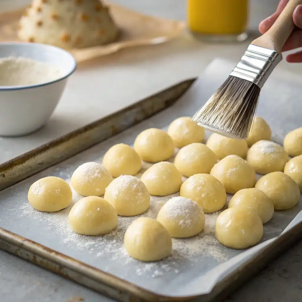 Pastry brush applying egg wash to unbaked Christmas tree pull-apart dough balls on parchment.