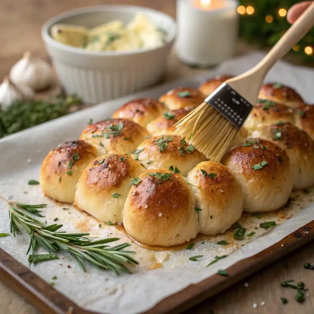 Golden baked Christmas Tree Pull Apart Bread being brushed with melted garlic herb butter and Parmesan.
