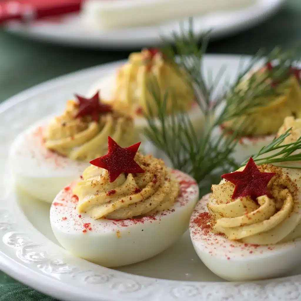 A festive deviled egg decorated to look like a Christmas wreath, using a dill sprig and a dusting of paprika.