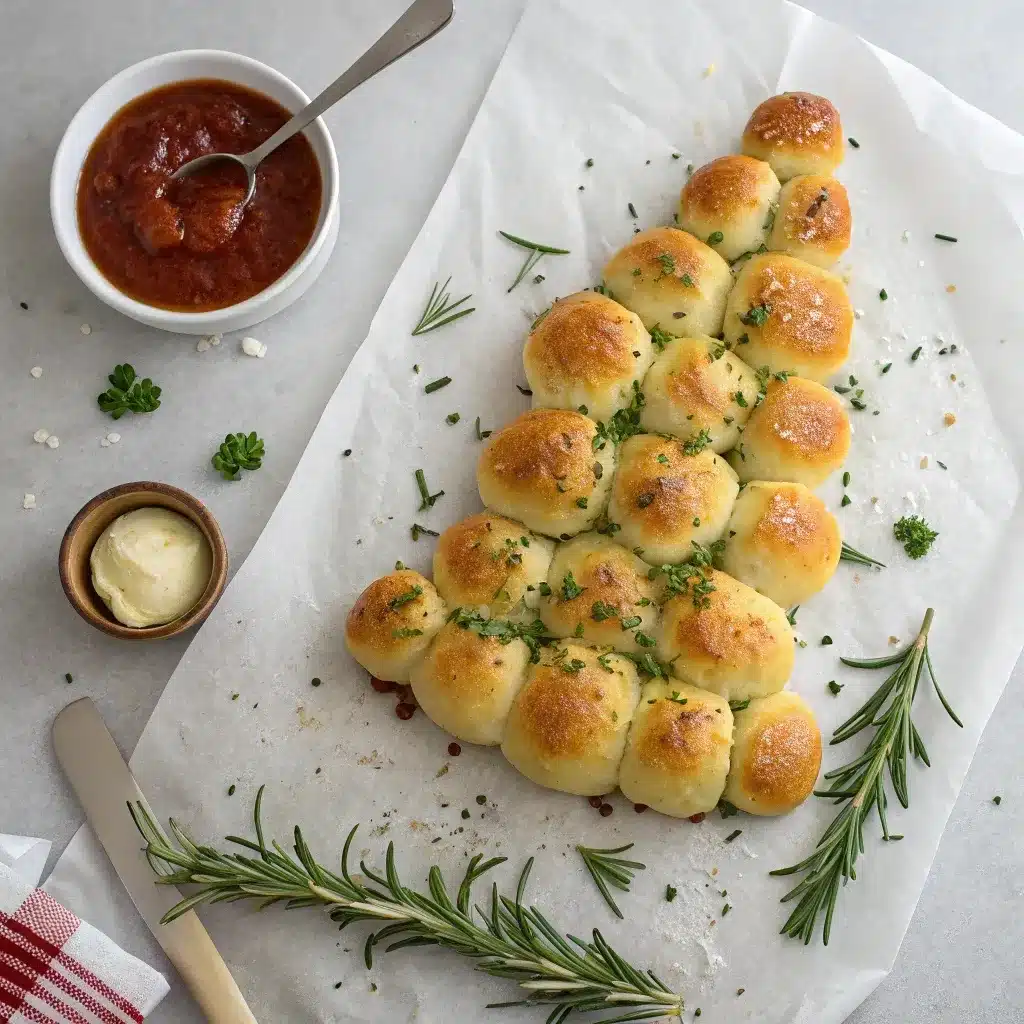 Hyper-realistic Christmas Tree Pull Apart Bread made from golden-brown rolls arranged in a tree shape with rosemary and marinara dip.