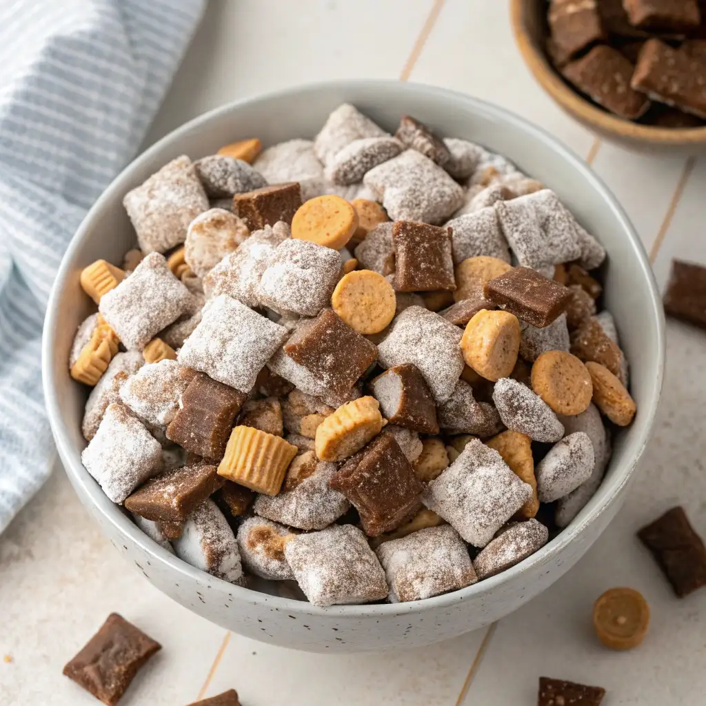 A bowl of classic peanut butter puppy chow, showing the rich brown chocolate and peanut butter coated in powdered sugar.