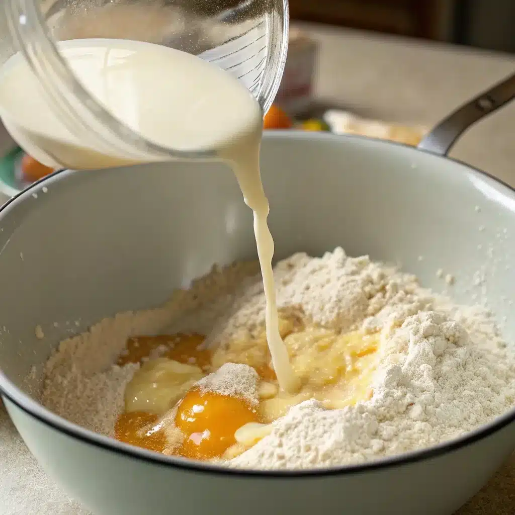 Pouring wet ingredients into dry ingredients to make the high protein carrot cake baked oatmeal batter.