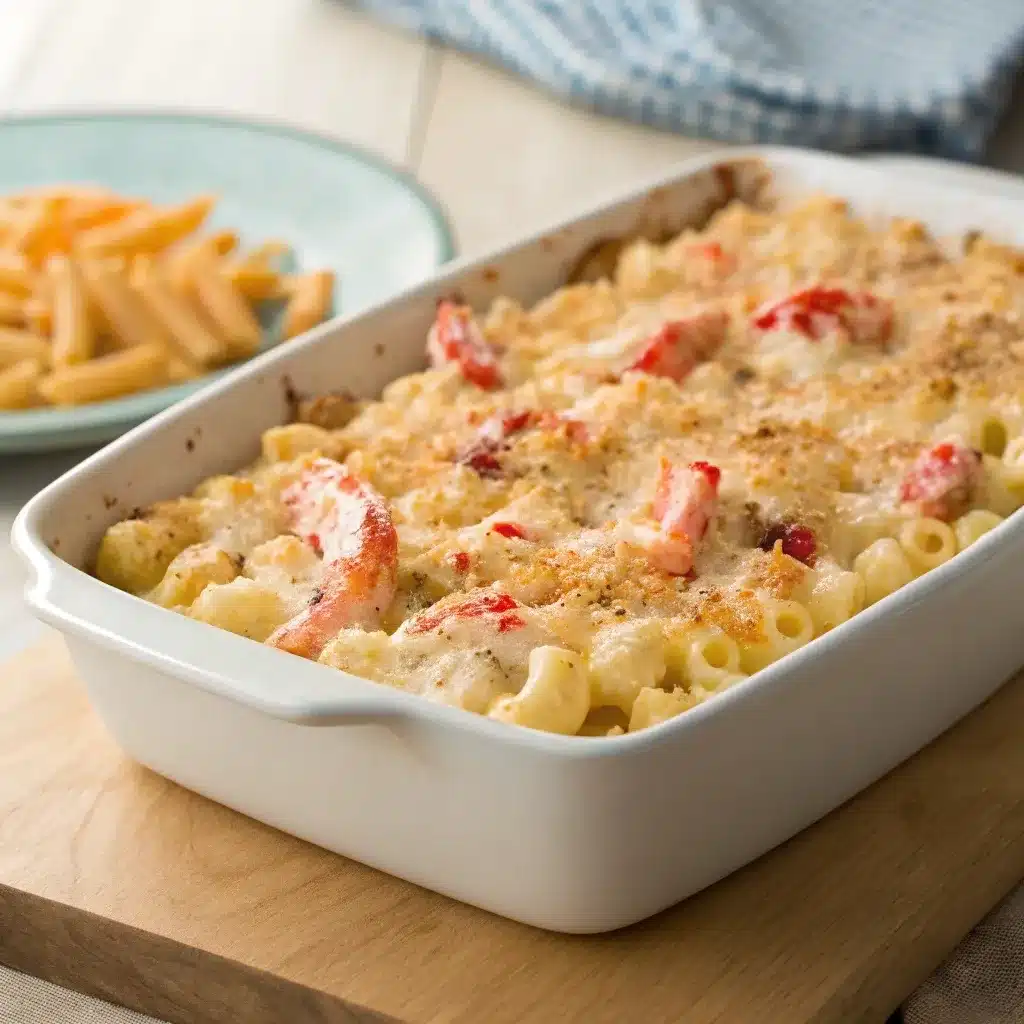 Close-up baking dish showing the Costco Lobster Mac and Cheese Recipe with golden panko crust and diced lobster.