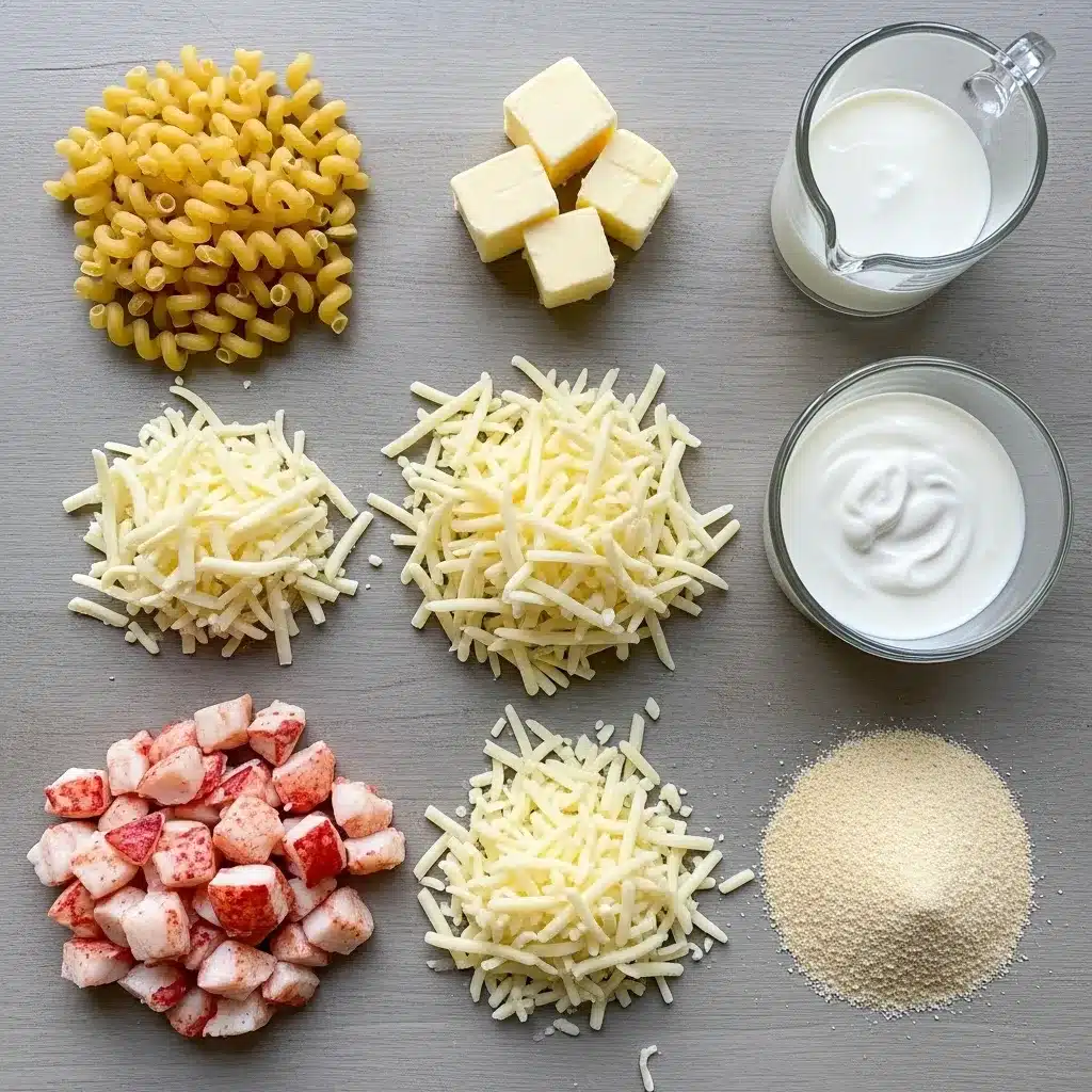 flat-lay of diced lobster, cavatappi pasta, shredded cheeses, butter, cream, and panko for the Costco Lobster Mac and Cheese Recipe.