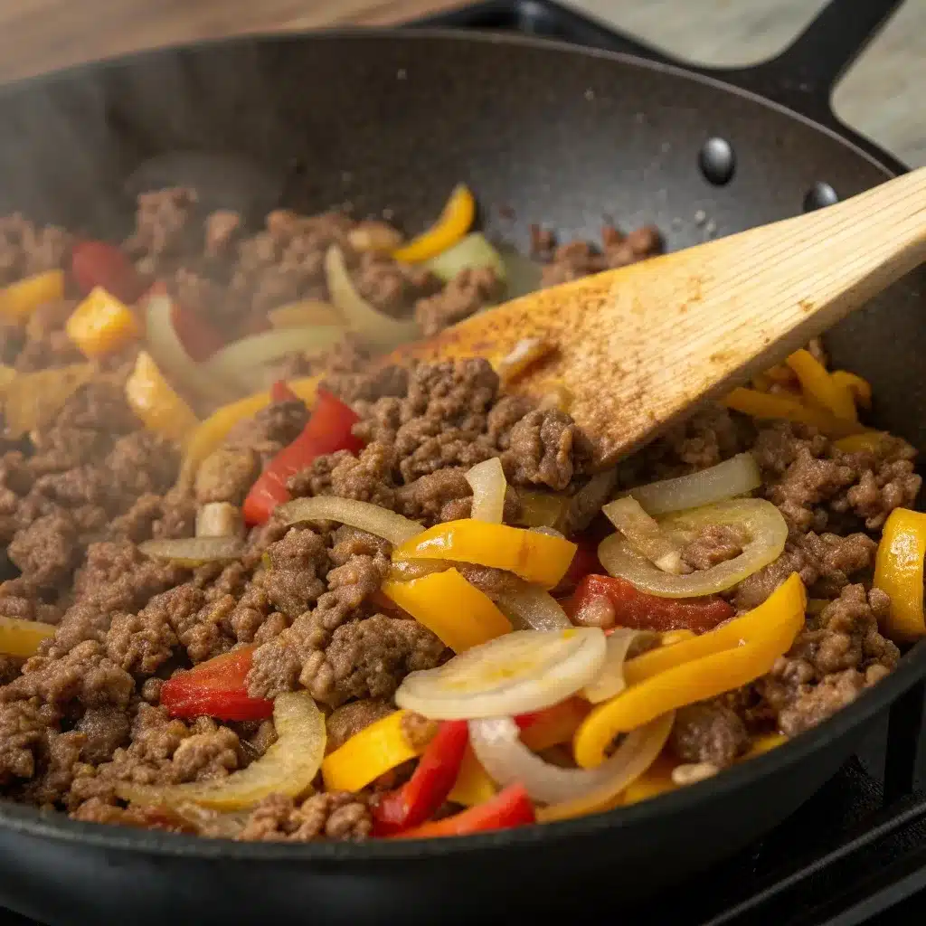 Ground beef and onions browning in a skillet for cowboy casserole