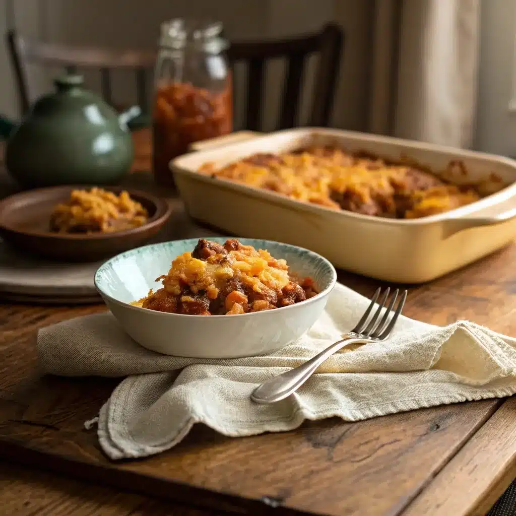 Cowboy casserole half-eaten on a rustic table