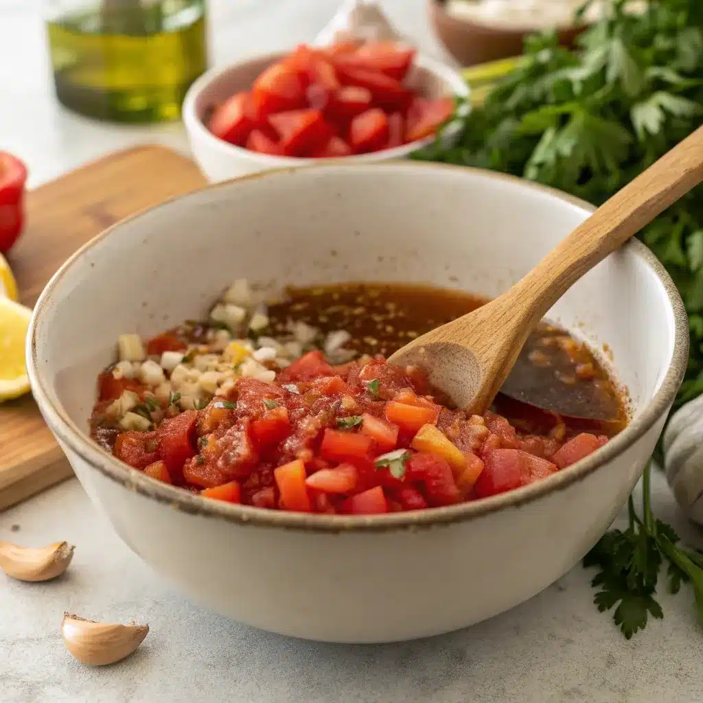 Tomato-based cowboy casserole sauce being stirred in a bowl