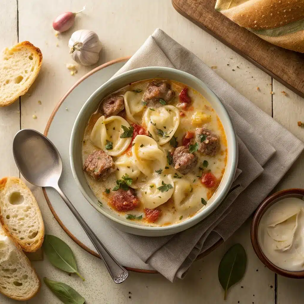 cozy crockpot cheese tortellini and sausage bowl served with garlic bread