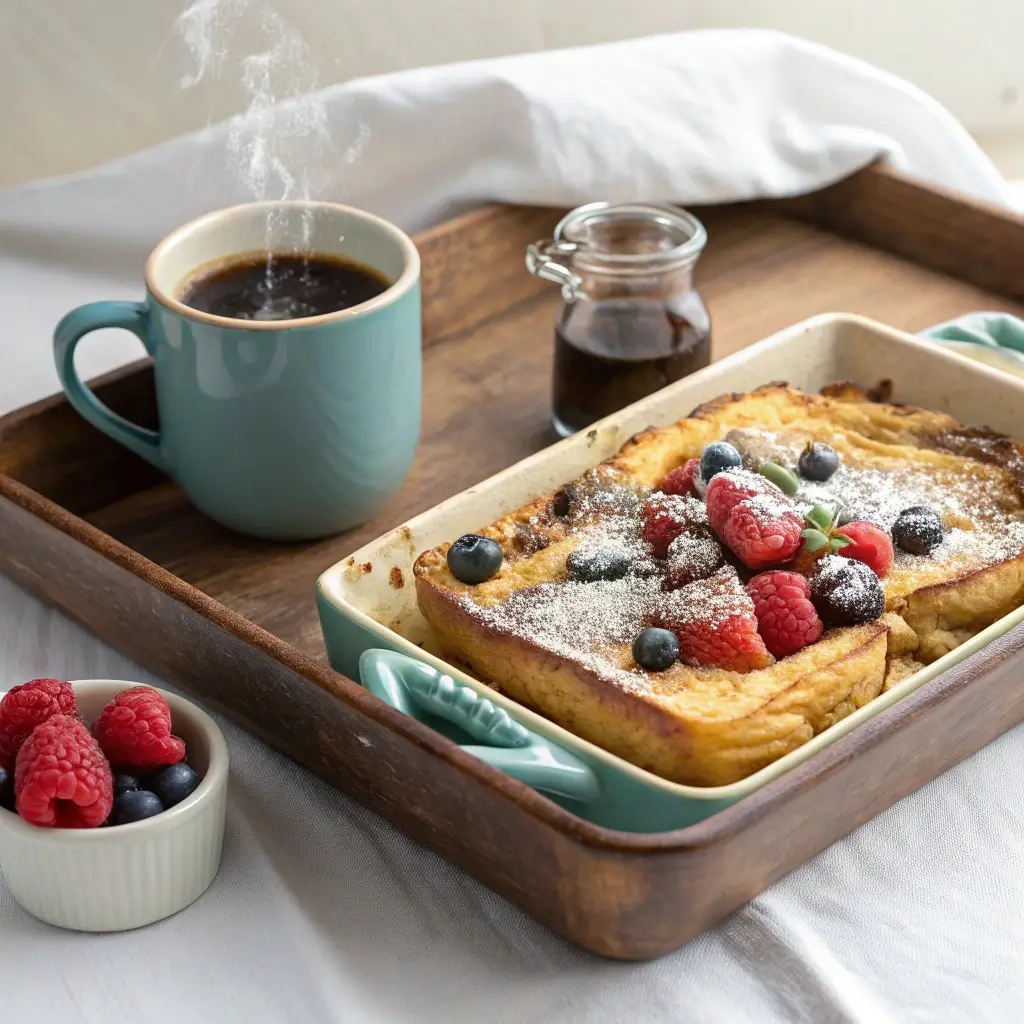 A breakfast tray with protein french toast casserole and coffee.