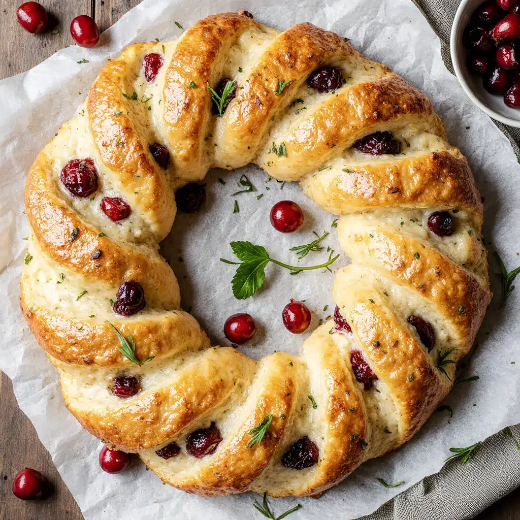 A top-down shot of a golden-brown, baked cranberry and brie puff pastry wreath on parchment paper, garnished with fresh herbs.