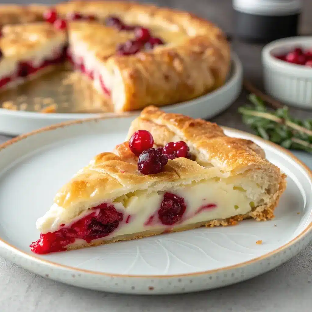 A single slice of the cranberry brie puff pastry wreath on a plate, showing the melted brie and cranberry filling inside.