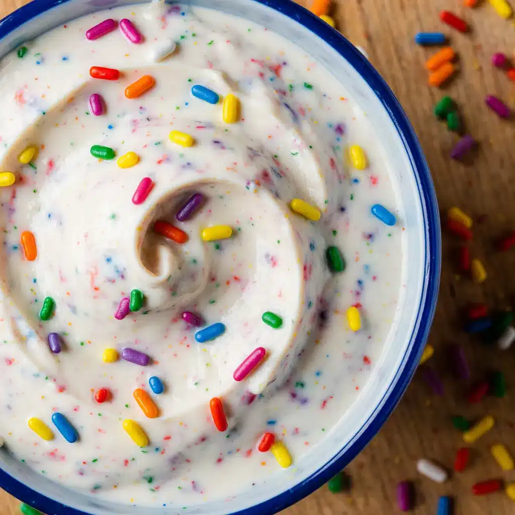Close up texture shot of creamy cake batter yogurt dip with rainbow sprinkles.