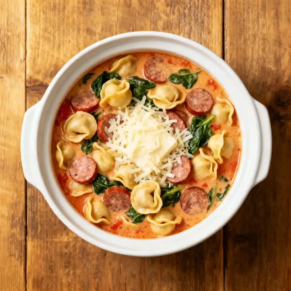 creamy crockpot cheese tortellini and sausage soup in bowl