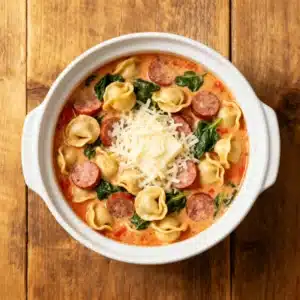 creamy crockpot cheese tortellini and sausage soup in bowl