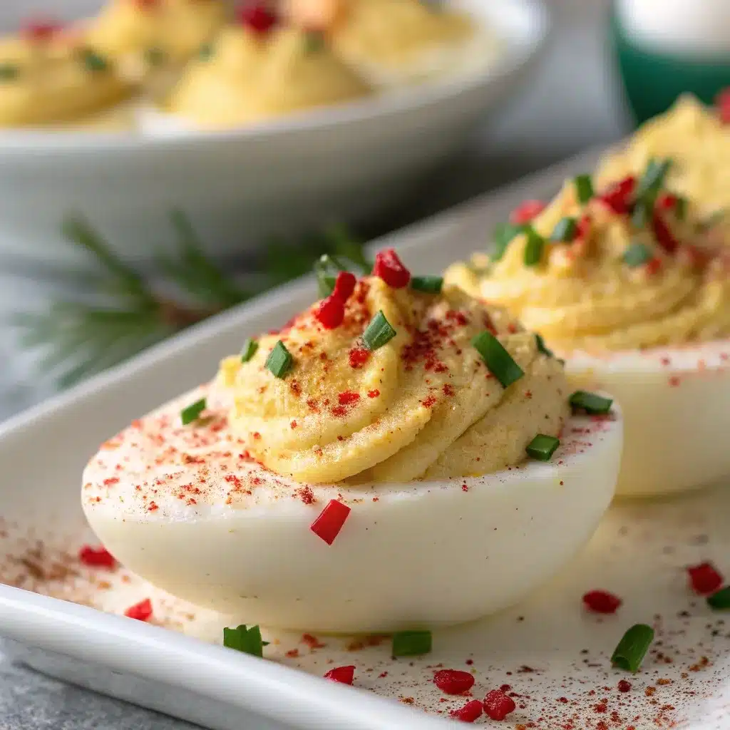 A close-up of a Christmas deviled egg with a bite taken, showing the ultra-creamy, smooth yellow yolk filling.