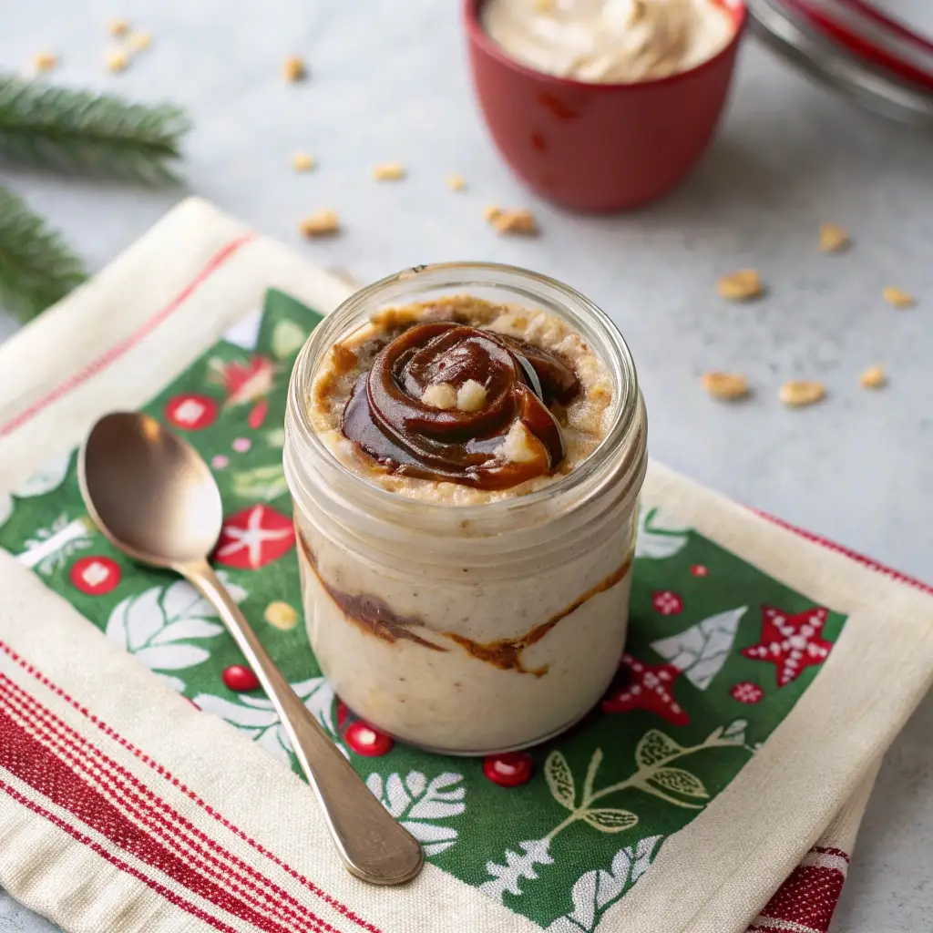 Overhead view of creamy gingerbread overnight oats in a jar with a molasses swirl.