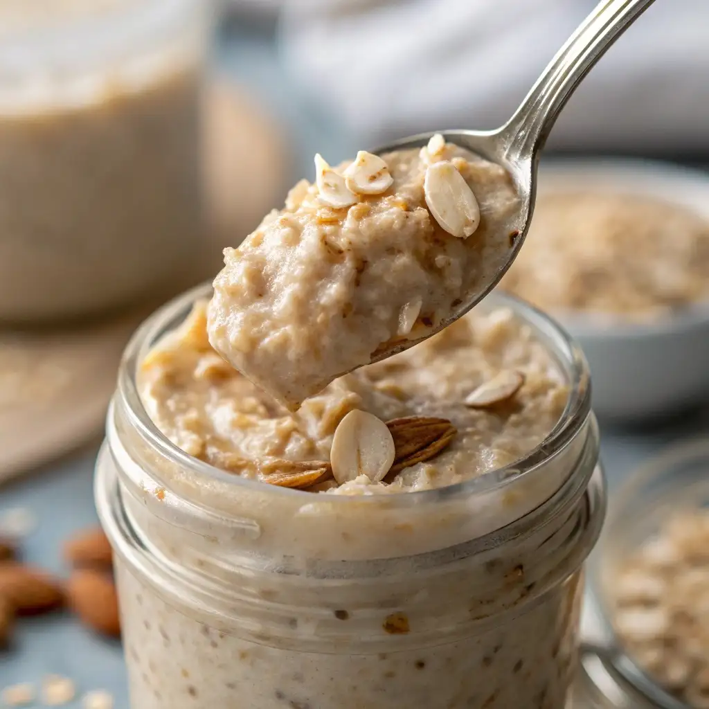 A macro close-up of a spoon lifting a thick, creamy spoonful of high protein overnight oats.