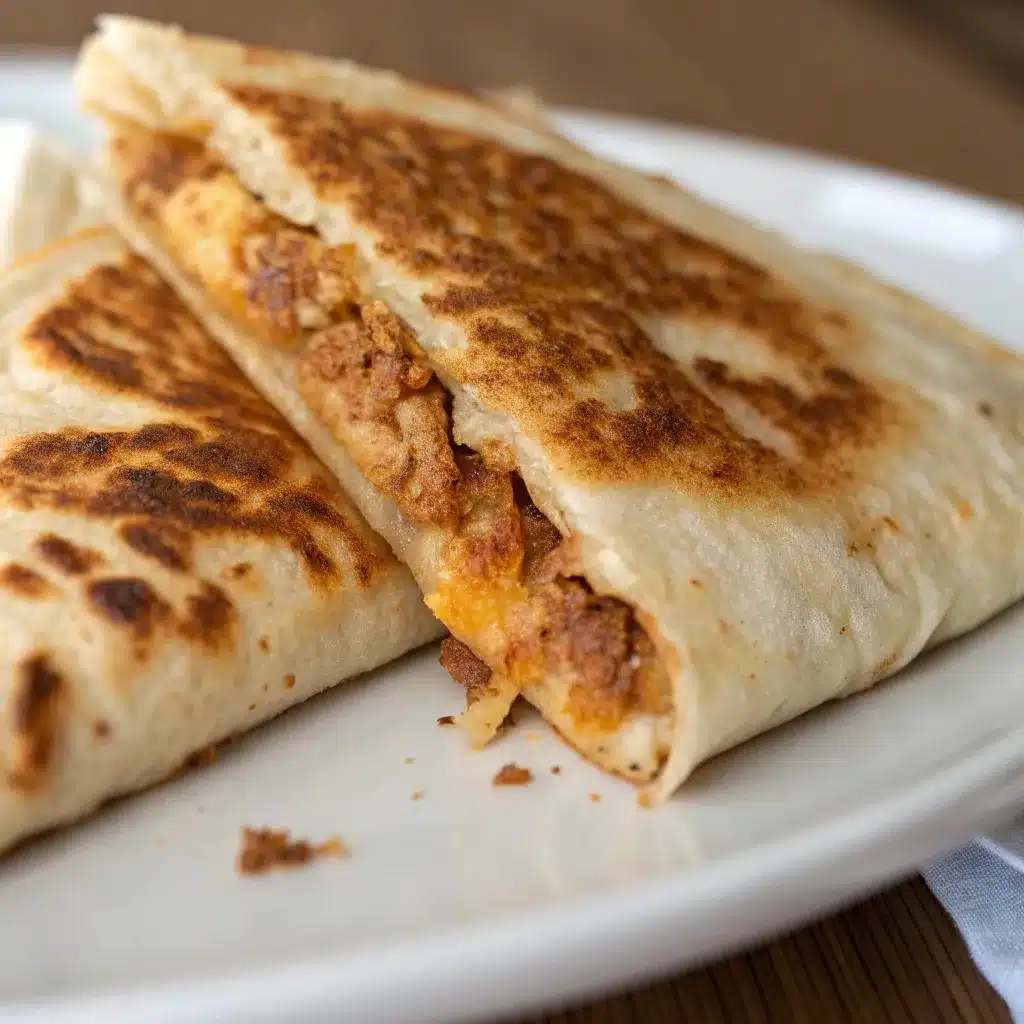 Close up of the golden brown, crispy toasted tortilla exterior of a breakfast crunchwrap.