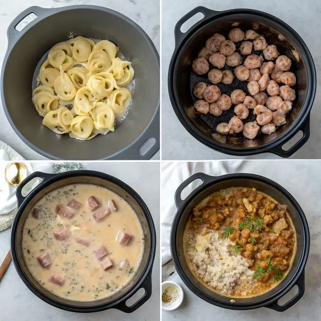 crockpot cheese tortellini and sausage cooking steps in 4-frame collage