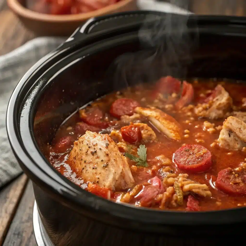 Crockpot jambalaya cooking with tender chicken and sausage in a rich tomato base