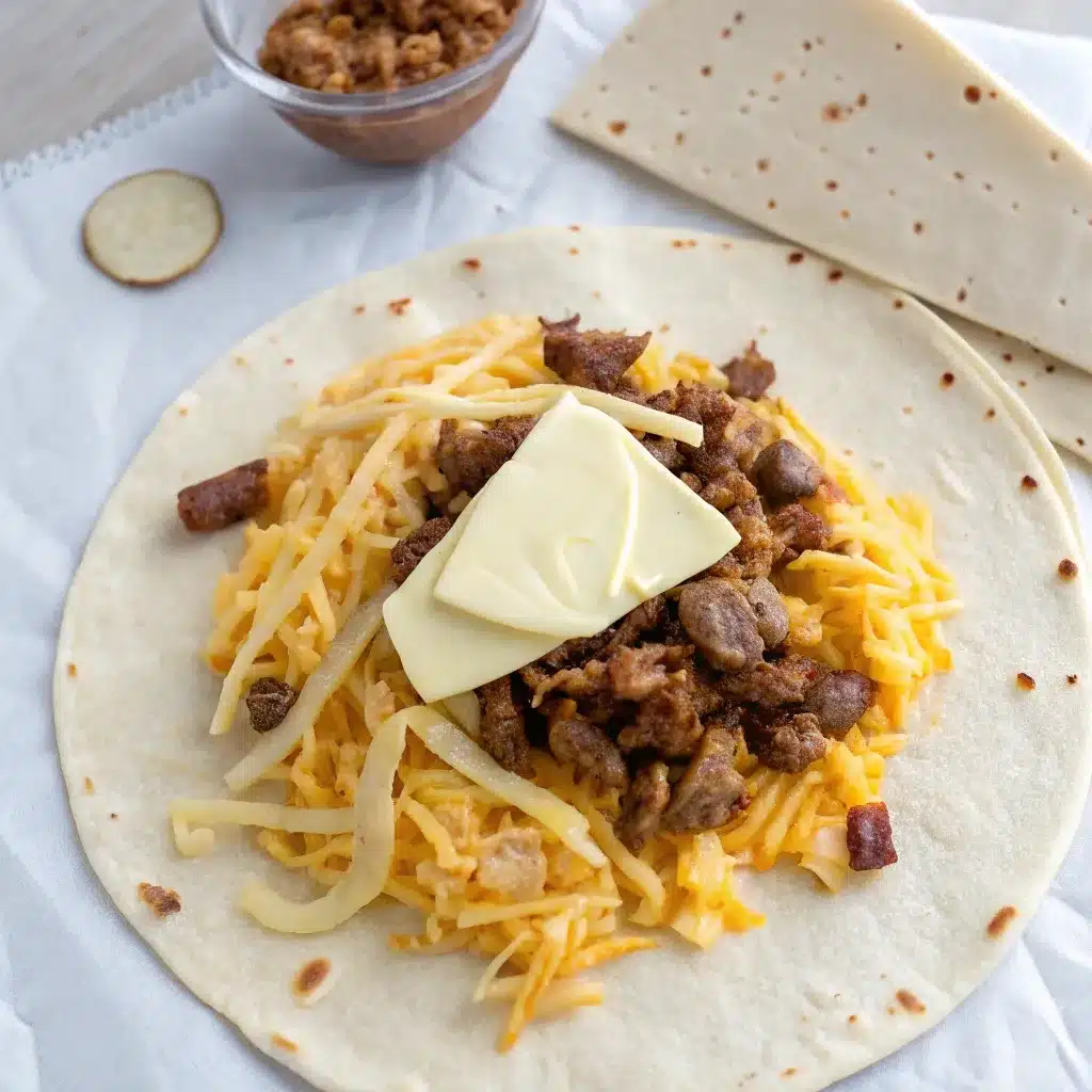 A large tortilla with a stack of cheese, hashbrown, meat, eggs, and sauce, topped with a small tortilla.