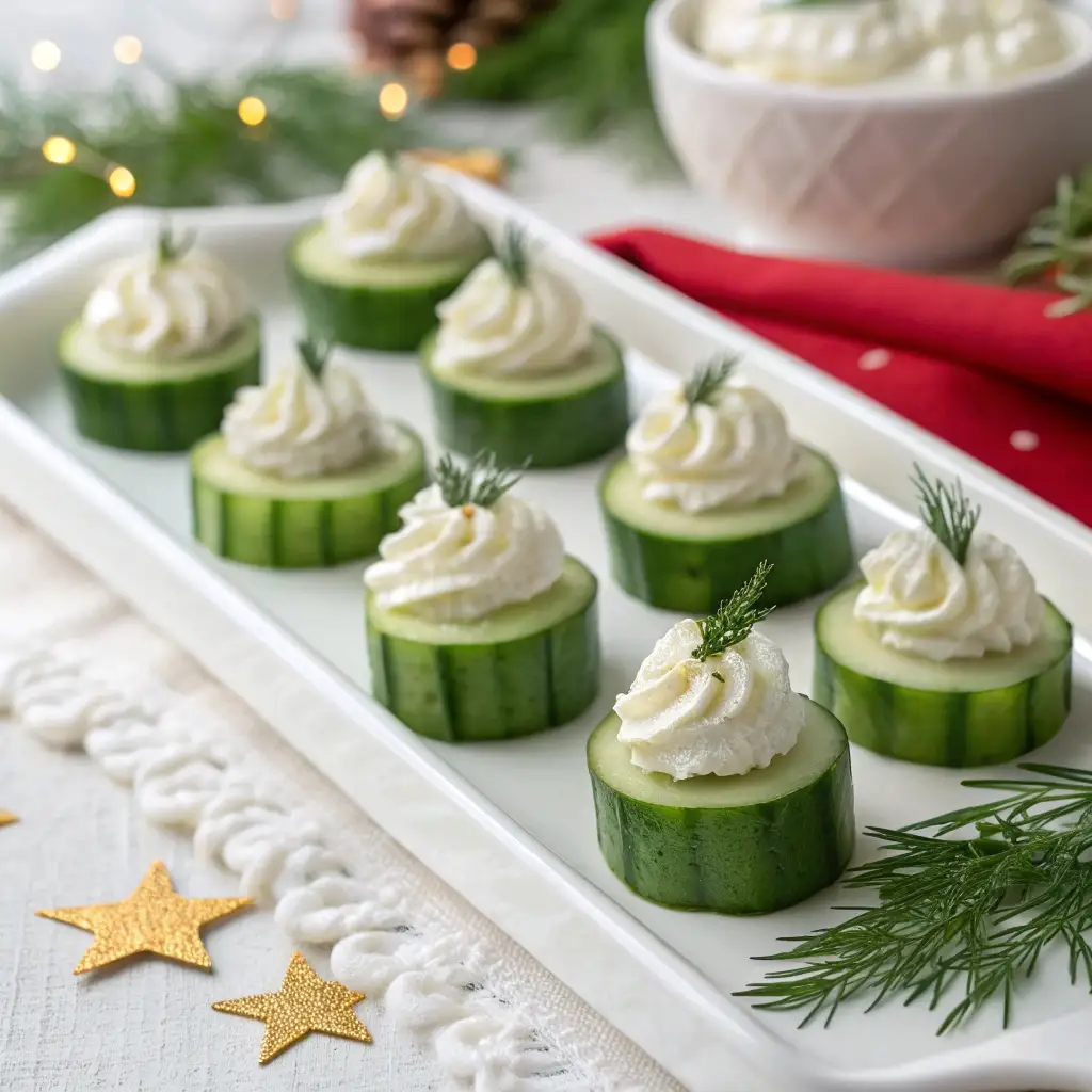 Cucumber rounds topped with herbed cream cheese and fresh dill on a white platter