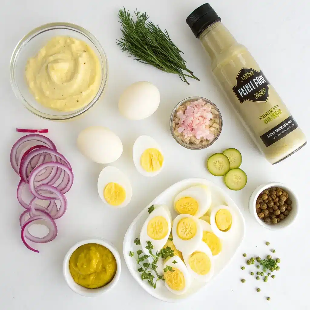 A flat lay of the ingredients for the best deviled egg recipe: eggs, mayonnaise, Dijon, pickles, onion, and festive garnishes.