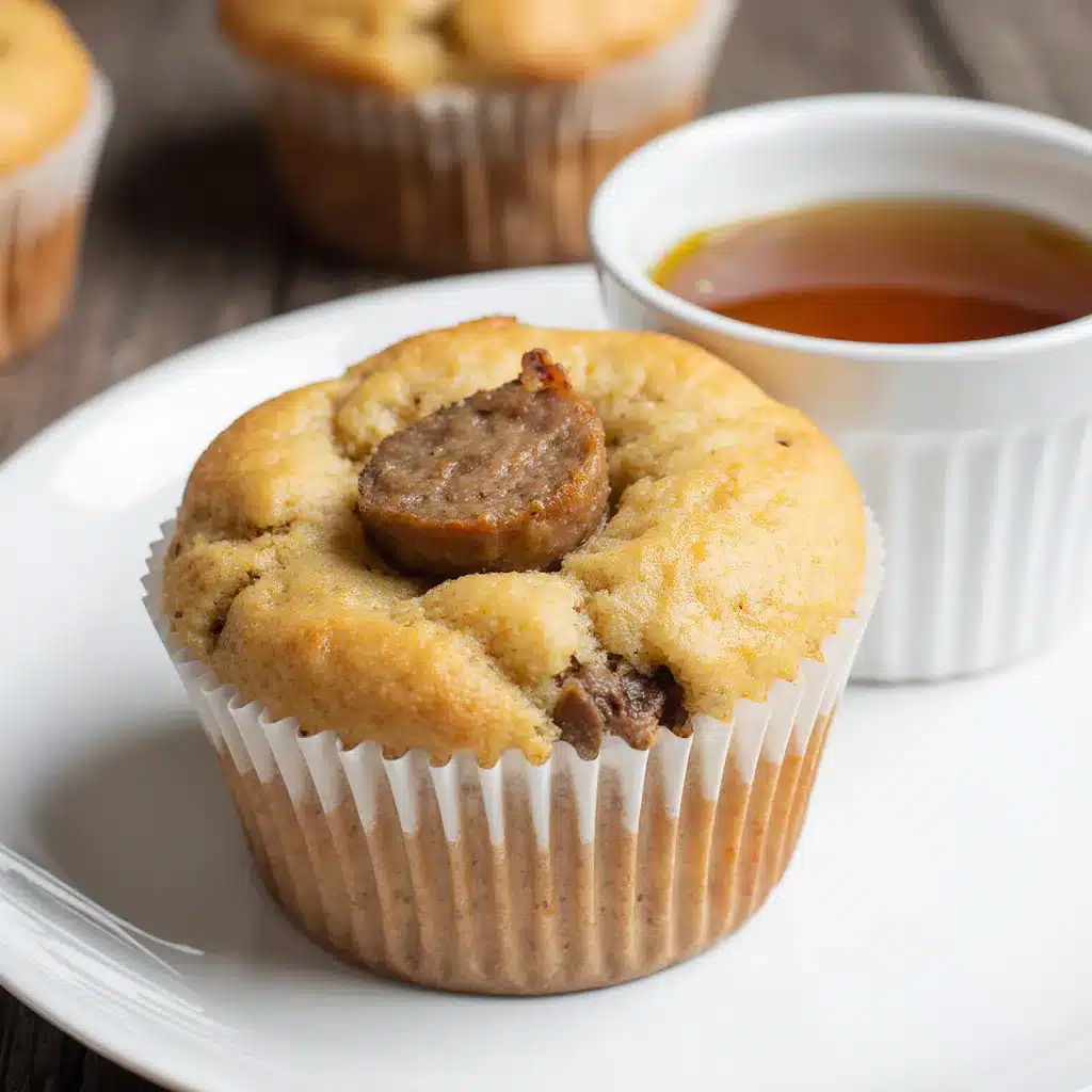 High protein pancake sausage mini muffins drizzled with maple syrup on a plate.